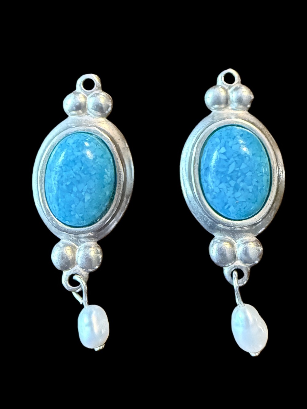COLEMAN CO. 925 Sterling Silver
Vintage Turquoise Gem & Pearl
Jacket Earrings